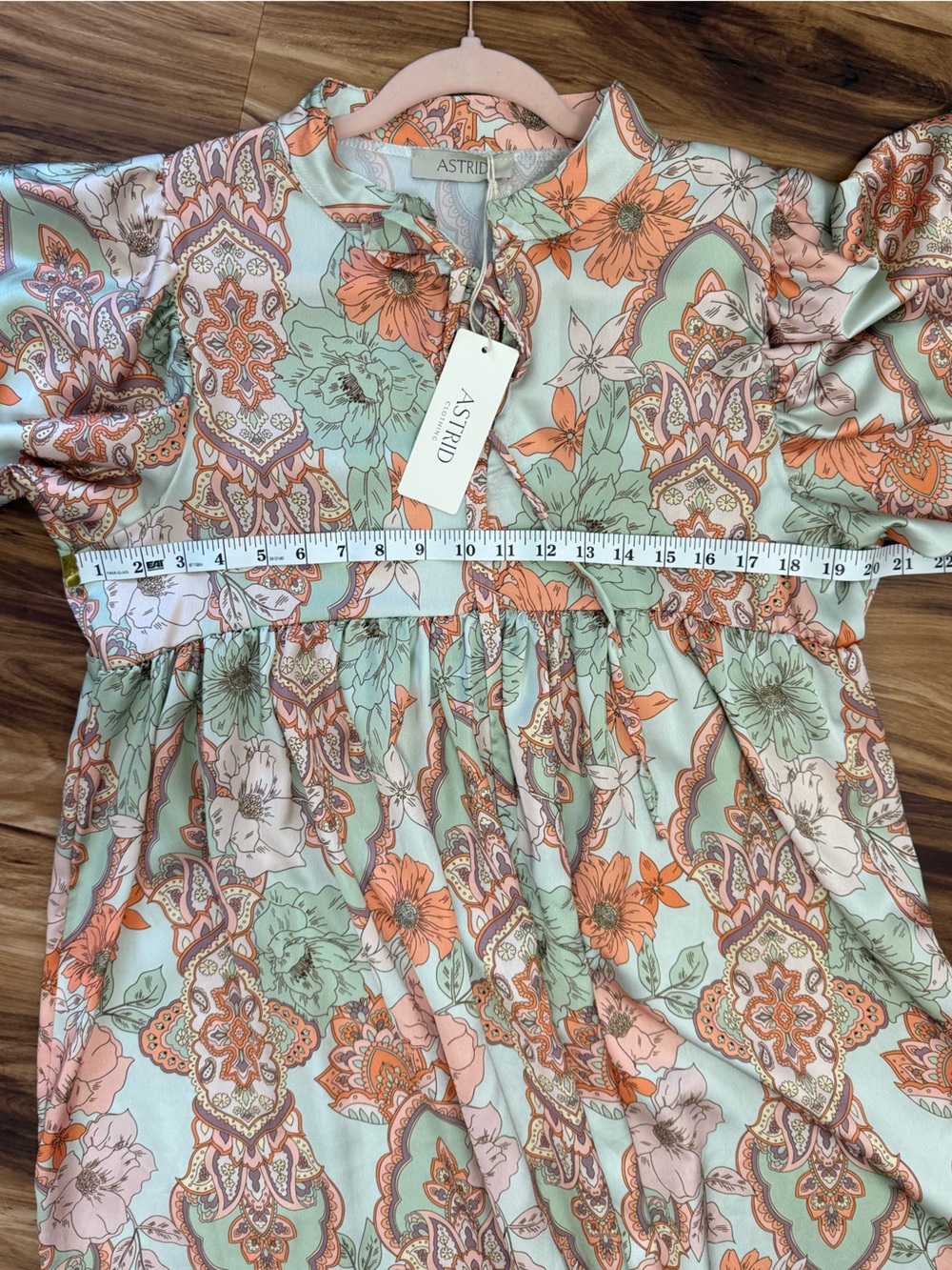 ASTRID Italian made Peach & Sage Paisley Tie-Neck Mini Dress - Picture 5 of 7